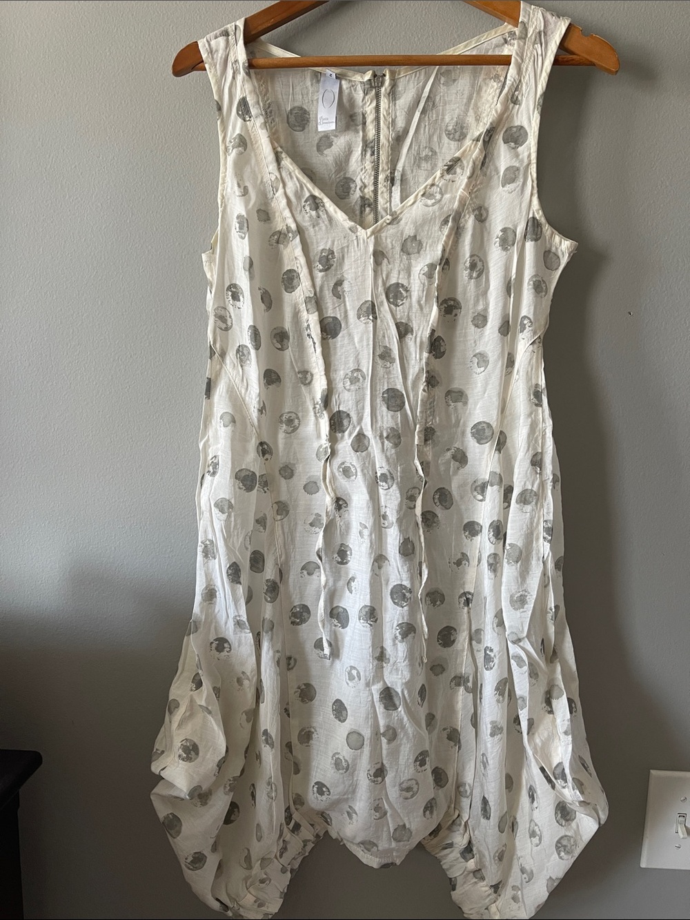 Sleeveless weightless Cream Midi Dress with Gray Polka Dot Print made in France
